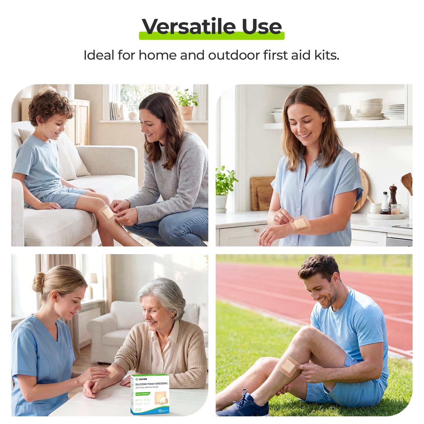 AUVON Silicone Foam Dressing with Large Adhesive Border, 3" x 3" 10 Packs Wound Dressing Bandage with High Absorbency, Waterproof Silicone Foam Pads for Wound Care & Protection Plus Cushioning