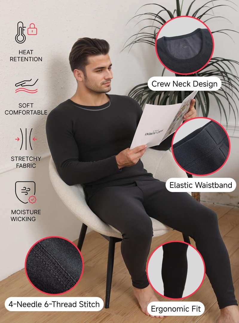 TRENDOUX Long Johns For Men Thermal, Soft Winter Wool Top And Bottom Sets, Thick Moisture Wicking Thermal Underwear, Stretchy Knitted Inner Wear For Running, Hiking, Cycling Black M
