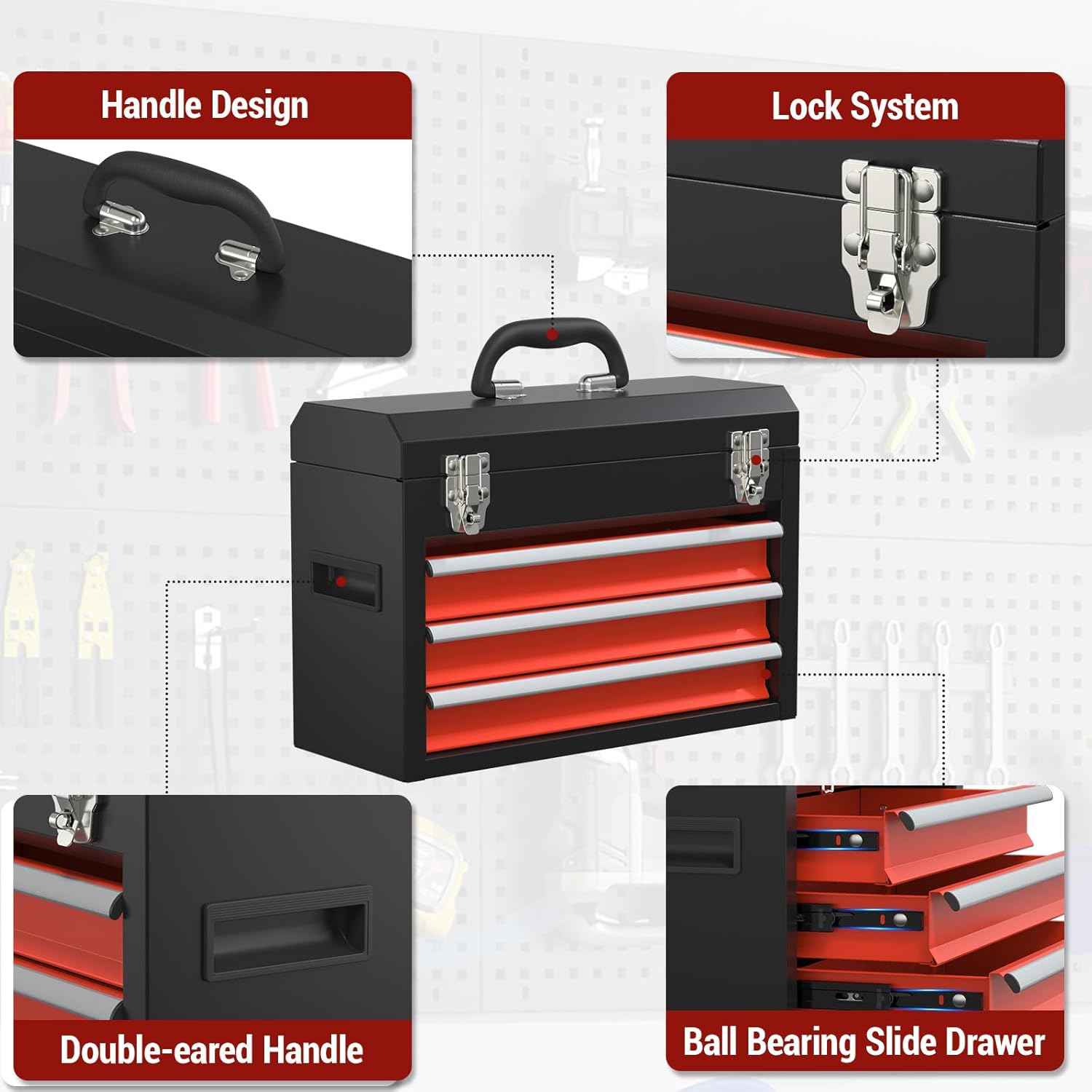 Portable Pink 3-Drawer Steel Tool Box with Locking System for Tool Storage