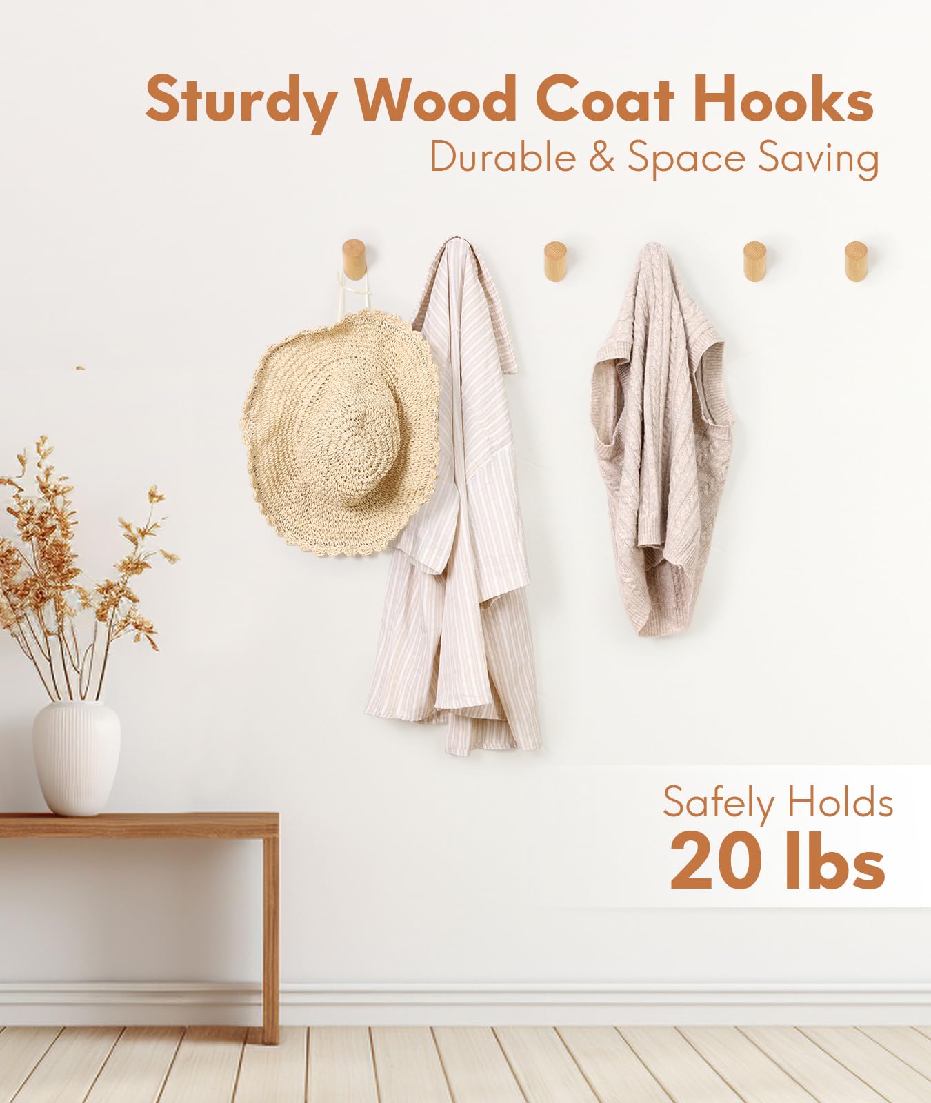 Optish Wood Wall Hooks for Hanging, 4 Pack Hat Hook for Walls, Coat Hook Wall Mount, Backpack Hooks for Walls, Bathroom Towel Hanger (Natural)