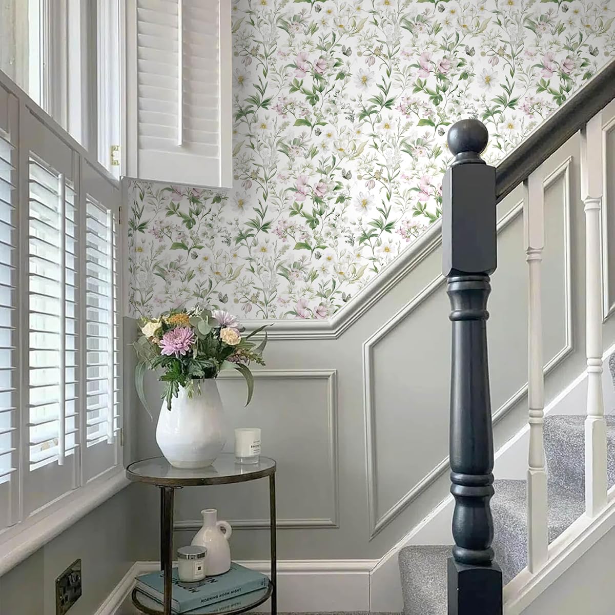 Livebor Floral Peel and Stick Wallpaper Floral Boho Contact Paper 16.9" x 118.1" Green Leaf Flower Wallpaper Peel and Stick Butterfly Botanical Self Adhesive Wall Paper for Bathroom Cabinets Vinyl