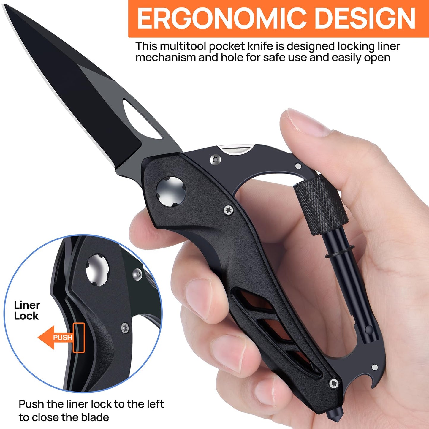 Multitool Carabiner with Pocket Knife, Gift for Men Him Dad Husband, 6-in-1 Multitool with EDC Carabiner Keychain,Bottle Opener,Window Breaker & Screwdriver,Cool Gadgets for Outdoor,Repair (Black)