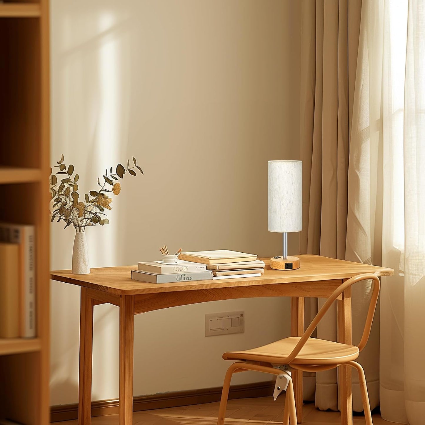 3-Way Dimmable Touch Table Lamps Set of 2 with USB Charging & Wood Grain Base