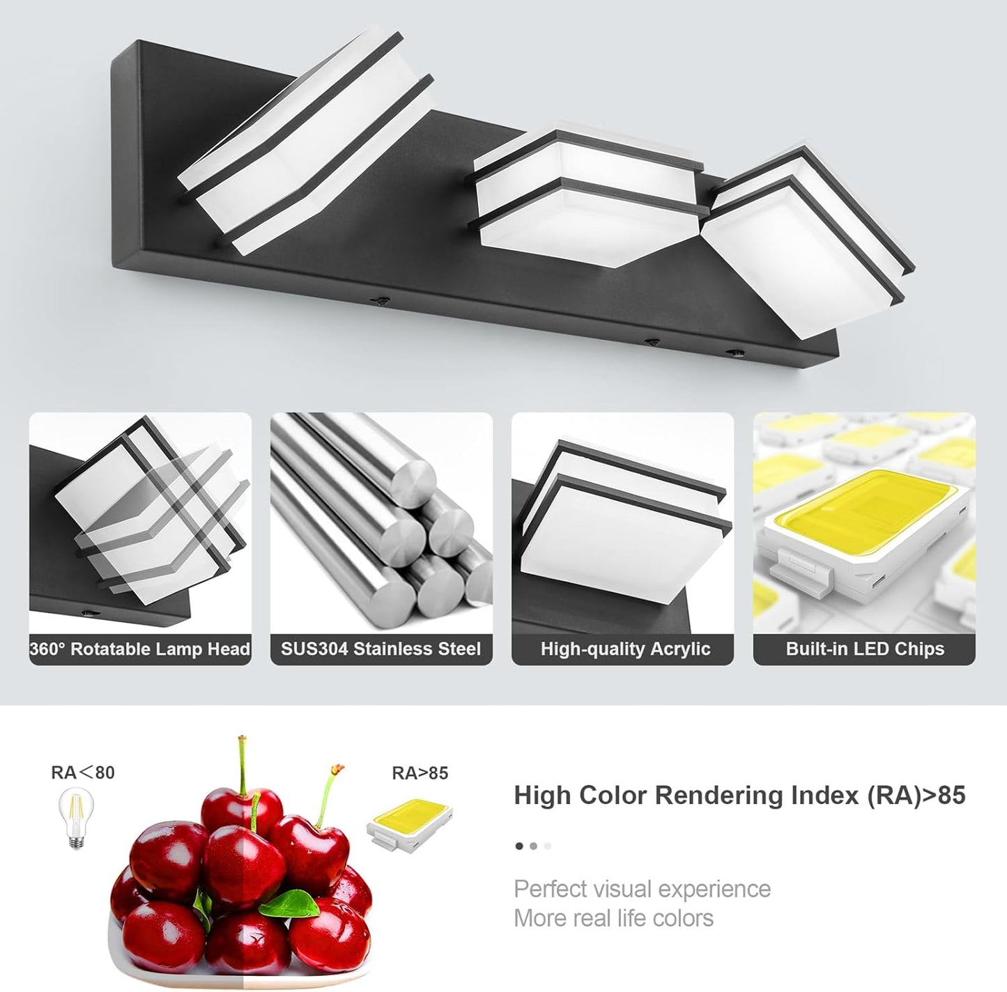 LED Chrome 3-Light Dimmable Bathroom Vanity Light Fixture - Modern Acrylic & Stainless Steel Over Mirror Lighting