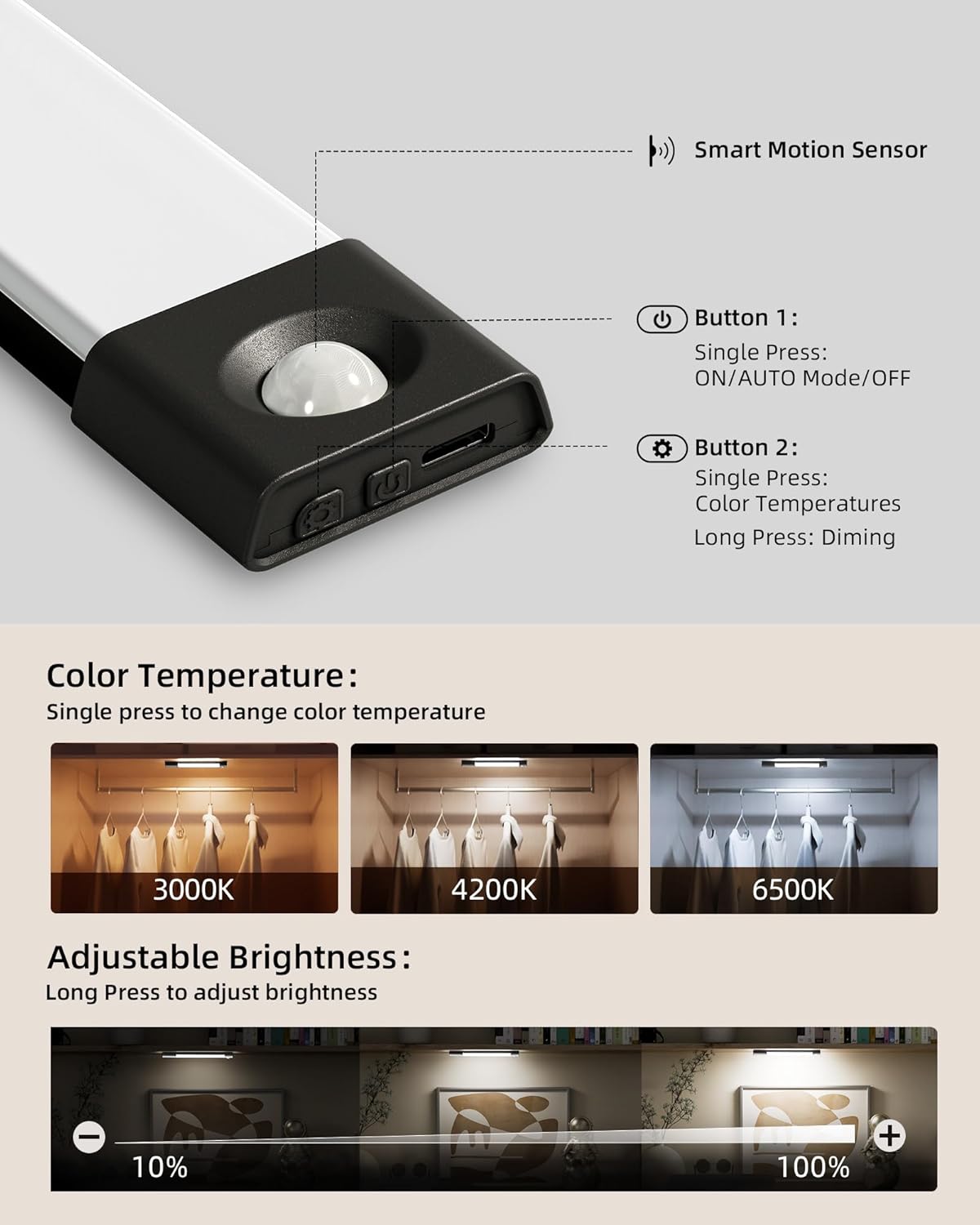 Rechargeable Motion Sensor Under Cabinet Lights - 6-Pack Dimmable LED Closet Lighting, 3 Color Temperatures, 11.8 Inch for Kitchen, Pantry & Bedroom