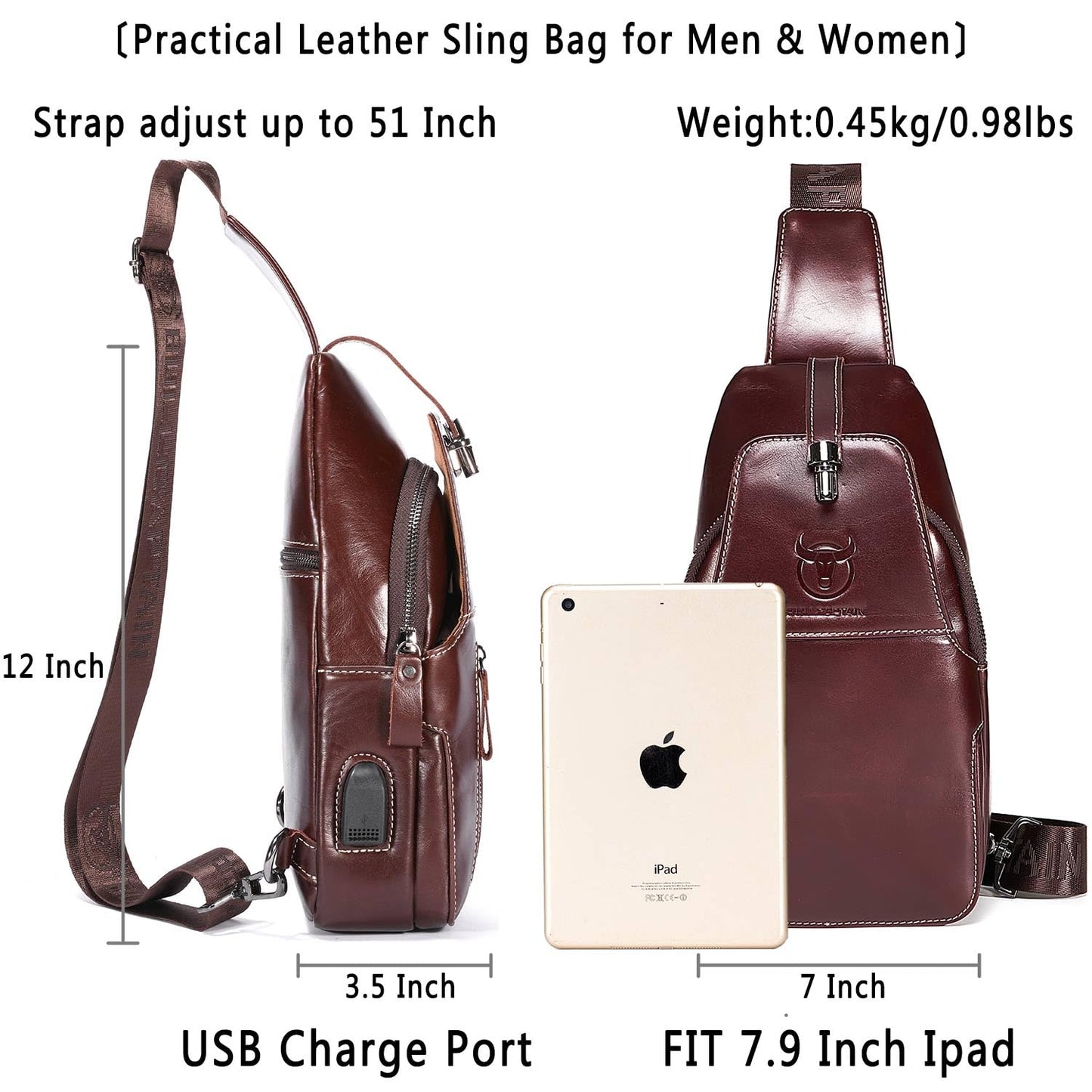 Genuine Leather Sling Bag Mens Crossbody Backpack for Hiking Casual Daypack Shoulder Chest Bag with USB Charging Port (Coffee)