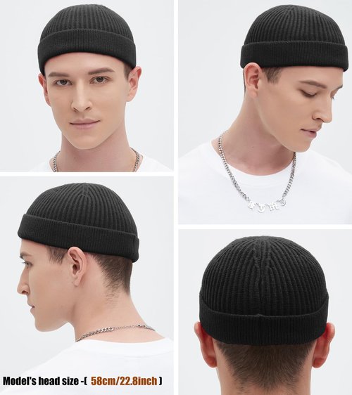 Swag Wool Knit Cuff Short Fisherman Beanie for Men Women, Spring Fall Winter Warm Hats, Trawler Skull Cap, Watch Cap Black