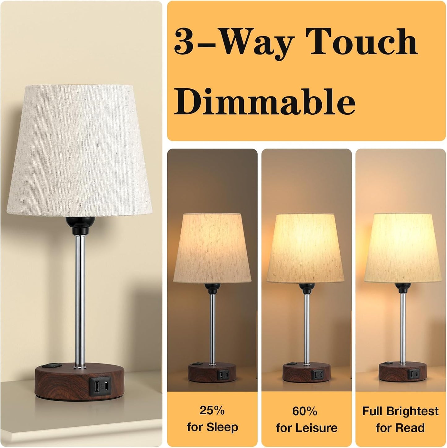 Set of 2 Mini Bedside Lamps with USB-C & AC Outlet - Dimmable Touch Nightstand Lights for Bedrooms