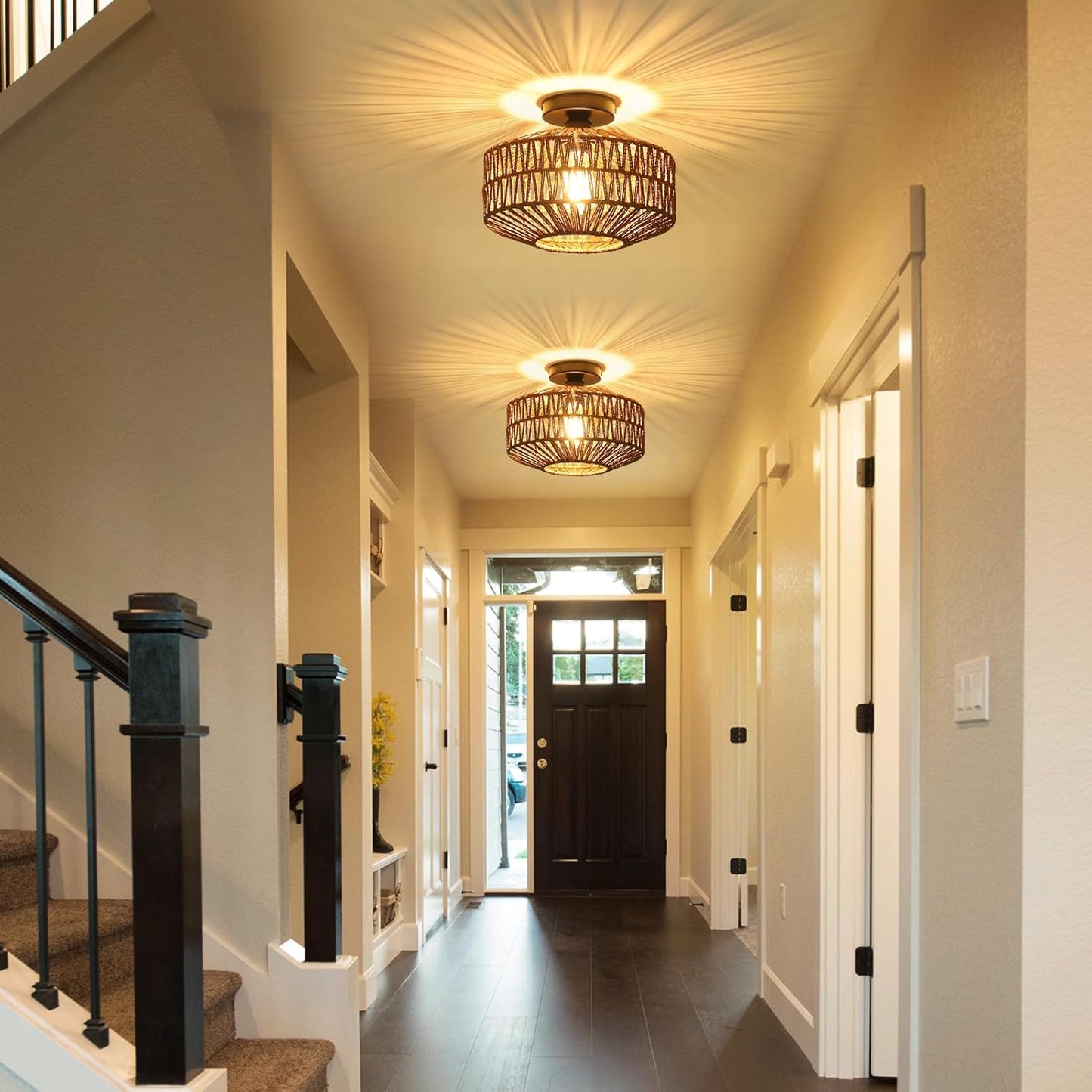 Boho Rattan Chandelier Ceiling Light Fixture with Dimmable LED Bulb - Hand Woven Flush Mount for Hallway, Bedroom, Kitchen & Living Room