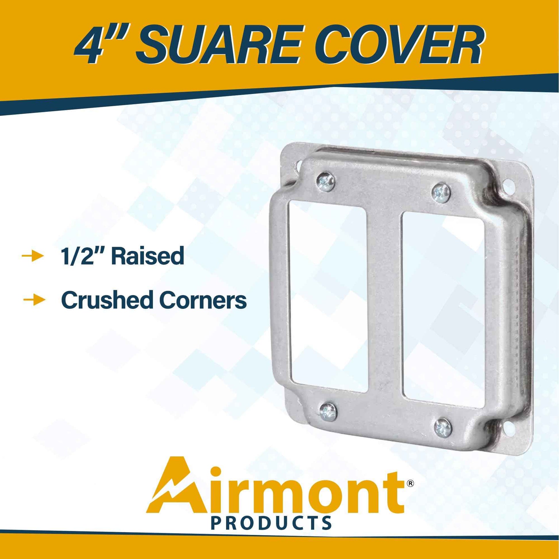 (Pack of 4) 4" Square Double Decora Switch Electrical Box Cover, 1/2" Raised, Exposed Work, Galvanized Steel, Crushed Corners, 2-Gang