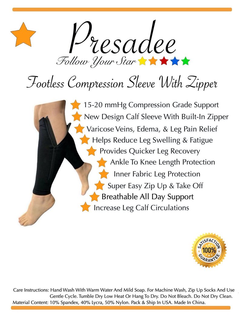 Presadee Calf Zipper 15-20 mmHg Compression Leg Circulation Fatigue Shin Sleeve (Black, L/XL)