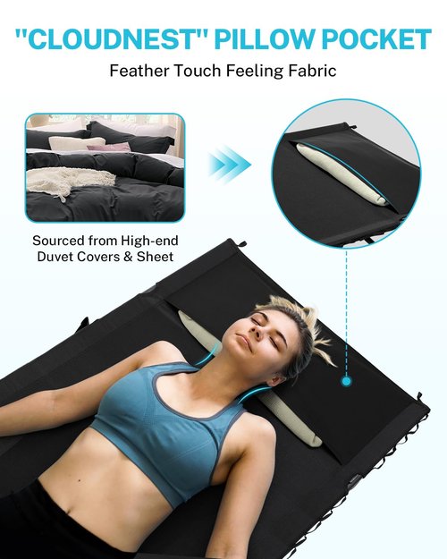 Gonex 31.5" Extra Wide Camping Cot with Premium Pillow Pocket Supports 350lbs, Portable Ultralight Folding Cot Bed for Adults Travel, Beach, Home, Sleeping (Black)