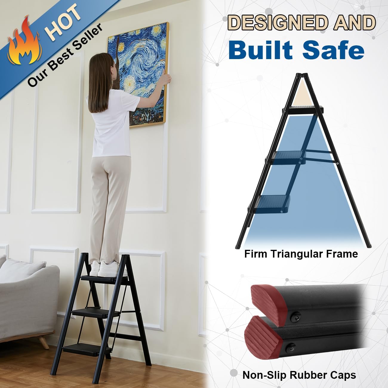 3-Step Folding Step Ladder - Sturdy 330 Lbs Capacity, Anti-Slip Pedals, Multi-Use Kitchen Stool, Black
