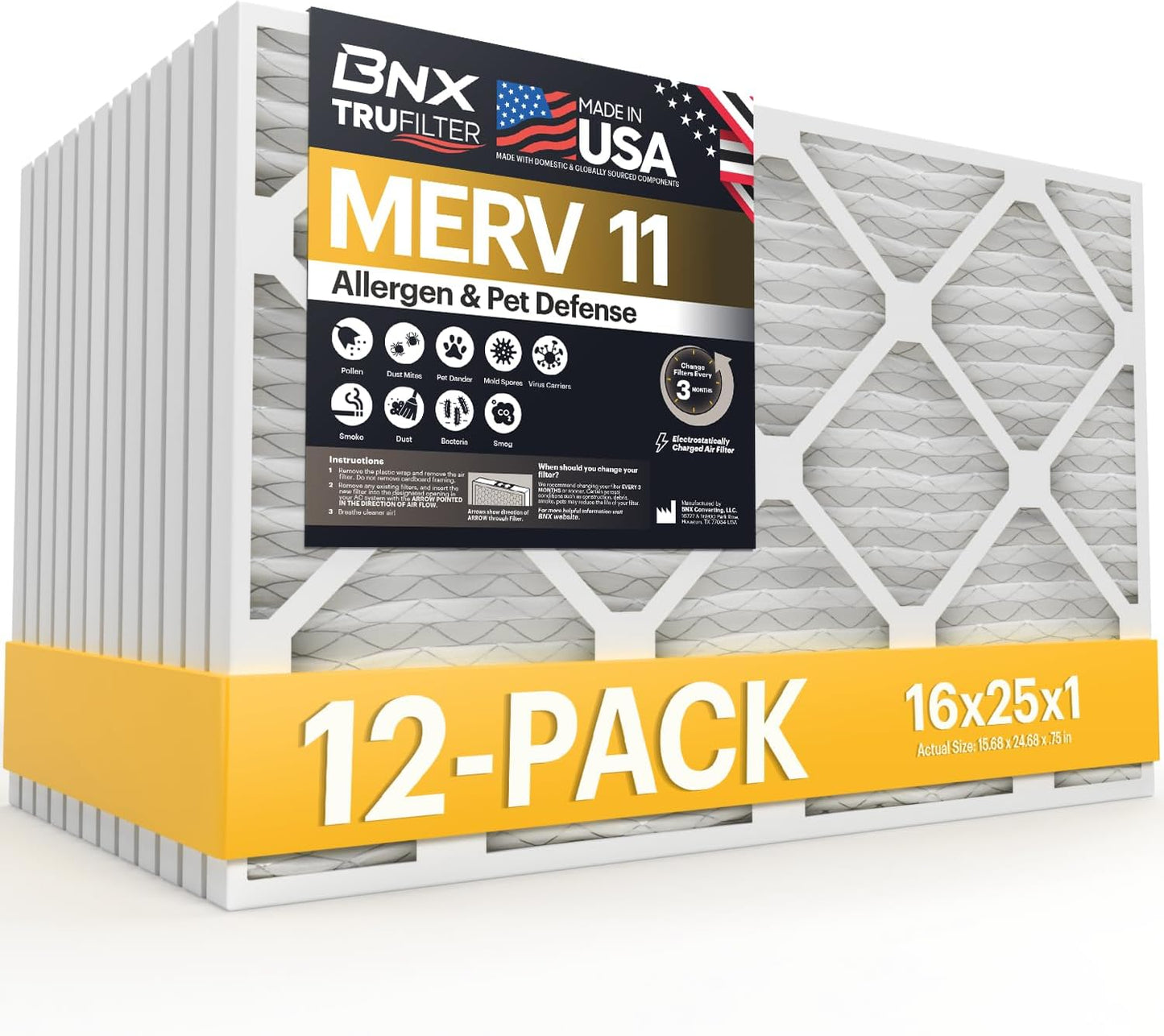 BNX TruFilter 12x12x1 MERV 8 Air Filters (6-Pack) - USA-Made Dust & Pet Defense for HVAC