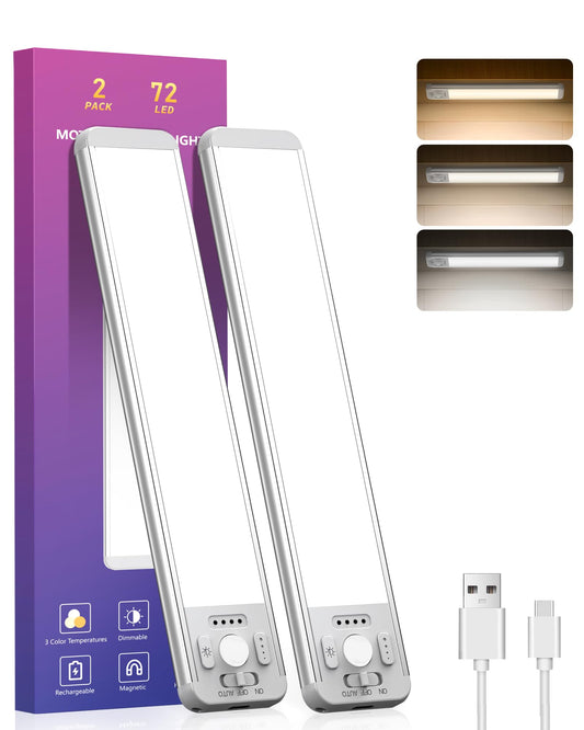 Under Cabinet Lighting,72 LED 2200mAh Rechargeable Motion Sensor Light Indoor, 3 Color Temps 5 Brightness Dimmable Magnetic Wireless Closet Lights, Counter Lights for Kitchen, Wardrobe, Stairs,2 Pack