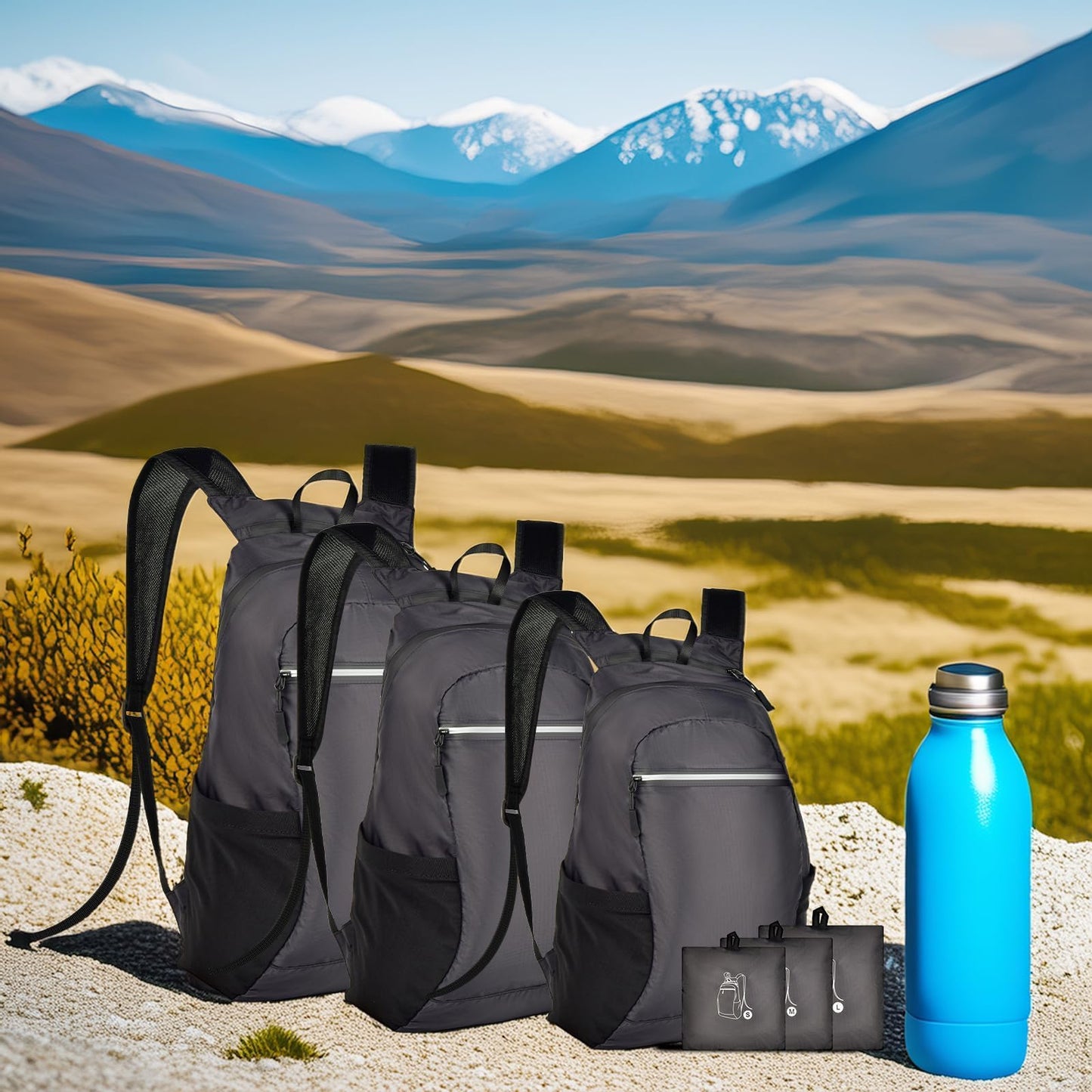 SAIKA 3-Pack Ultra Lightweight Packable Backpack, Water-Resistant Foldable Daypack for Hiking, Travel, Camping, Outdoor, 3 Sizes (S/M/L) with Hat for Men Women Families