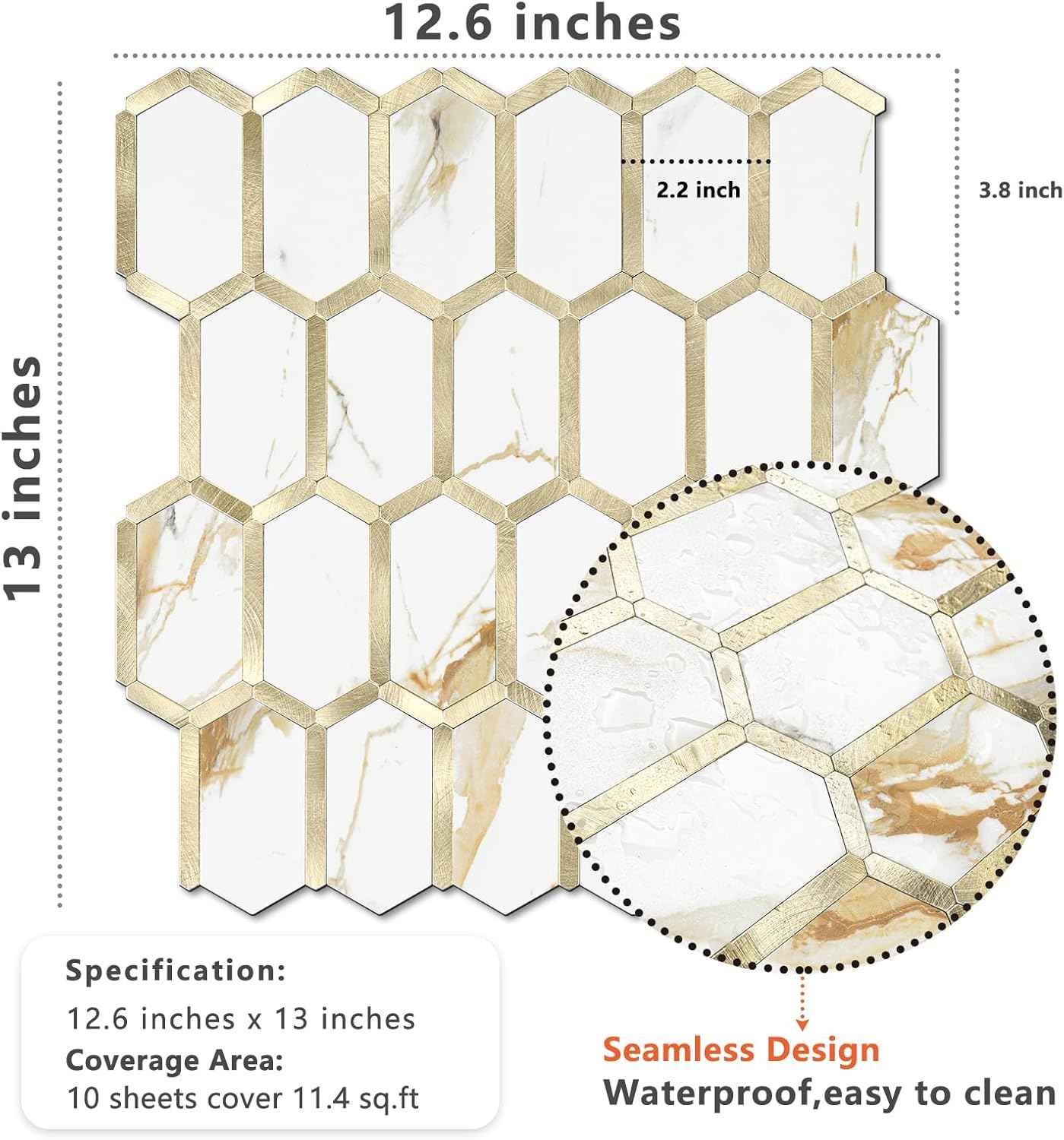 Glossy Wood Grain Peel and Stick Backsplash Tile - 10 Sheets Hexagon Mosaic for Kitchen & Bathroom, 12.4 x 12 Inch