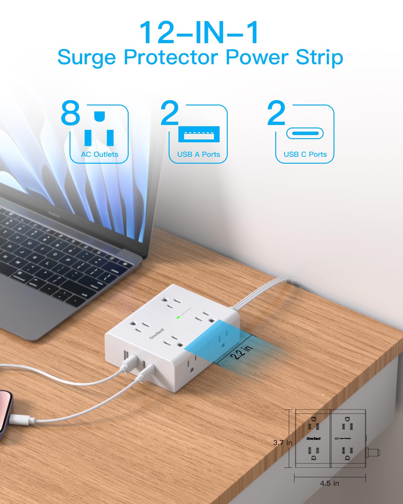 Surge Protector Power Strip, 6 Ft Flat Plug Extension Cord with 8 Outlets 4 USB Ports (2 USB C), 1080J Multi Plug Outlet Extender, Wall Mount Desk USB Charging Station for Home Office Dorm Essentials