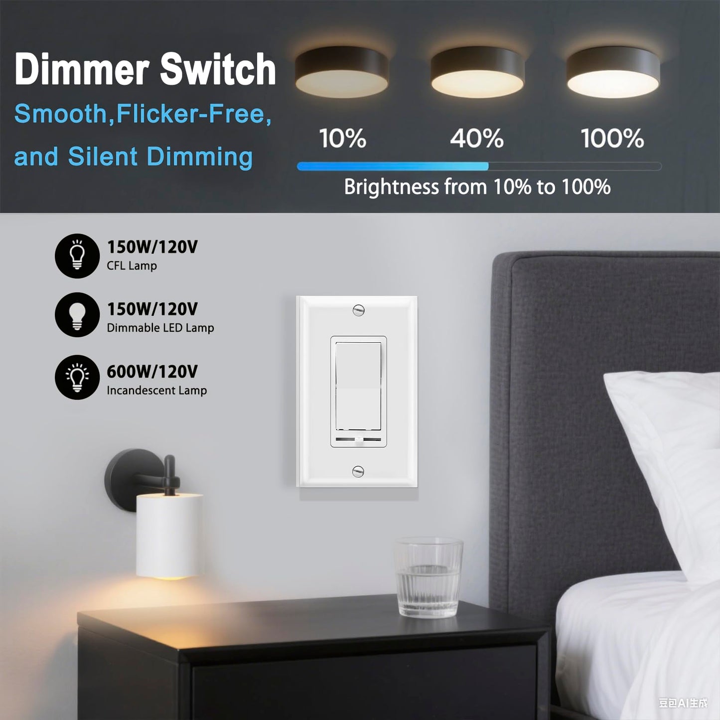 Heschen 1 Pack Dimmer Light Switch, Single Pole or 3-Way,150W Dimmable LED/CFL Lights, Halogen and Incandescent Bulbs 600W Max, AC120V, Cover Plate Included, White, UL Listed