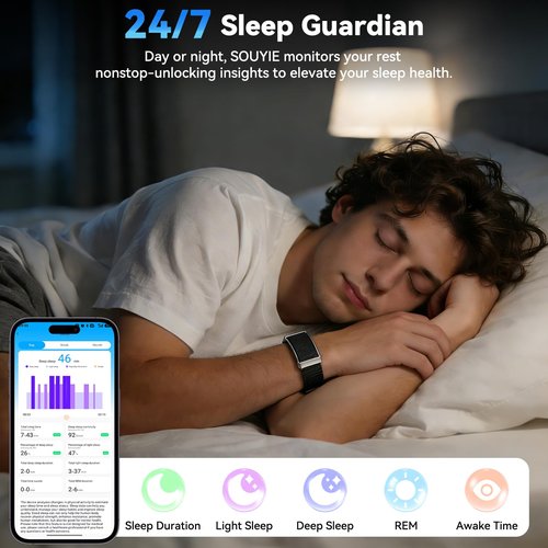 Leeyalan Health Smart Bracelet, Wearable Activity & Fitness Tracker Band, 24H Sleep Tracker, All-Day Continuous Heart Rate/HRV/Stress Monitor/1ATM Waterproof, 120+ Sports Modes, Free App