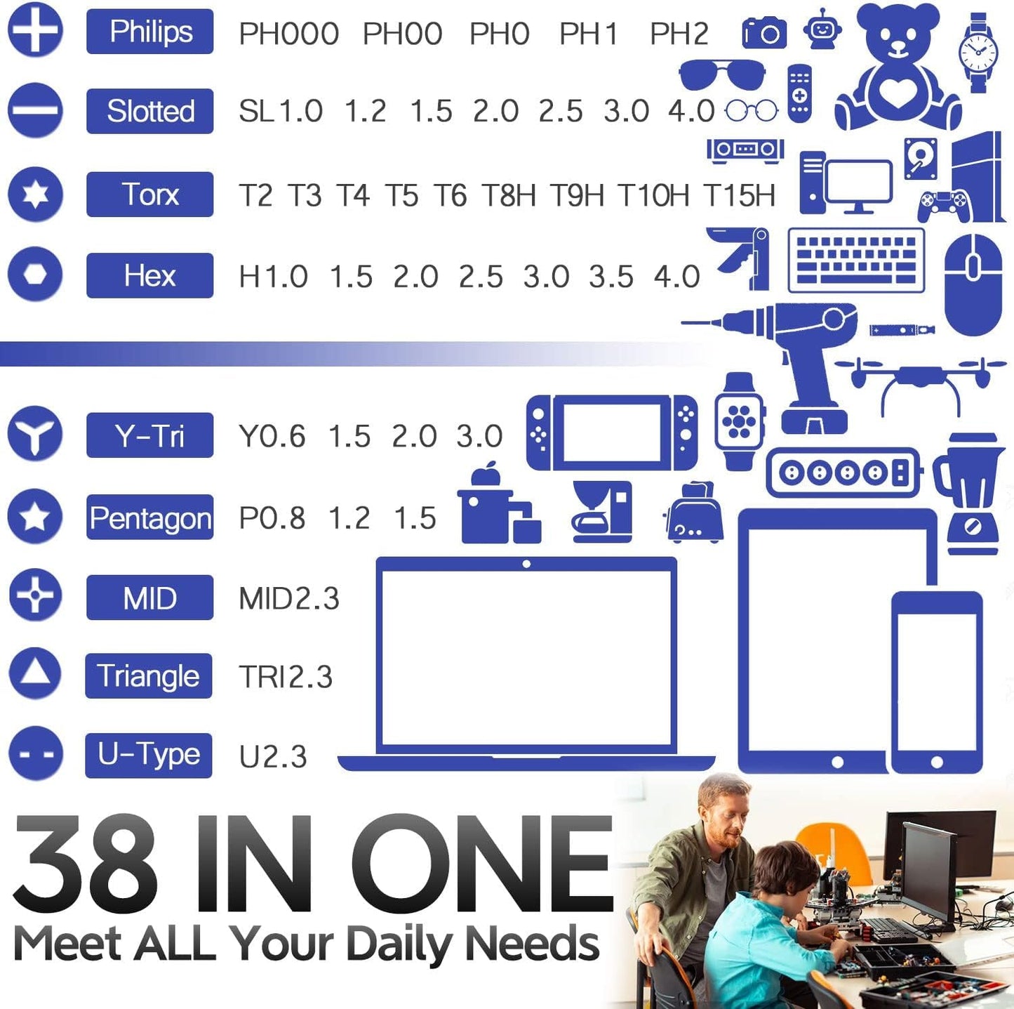 qiipii Precision S2 Steel 4mm screwdriver bit set 38pcs - Phillips 000 00 and more, Flathead, Torx 2 3 4 5 6, Torx Security, Pentalobem, Hex, Tri-Wing, Triangle, U-shaped Bits in Case Collection
