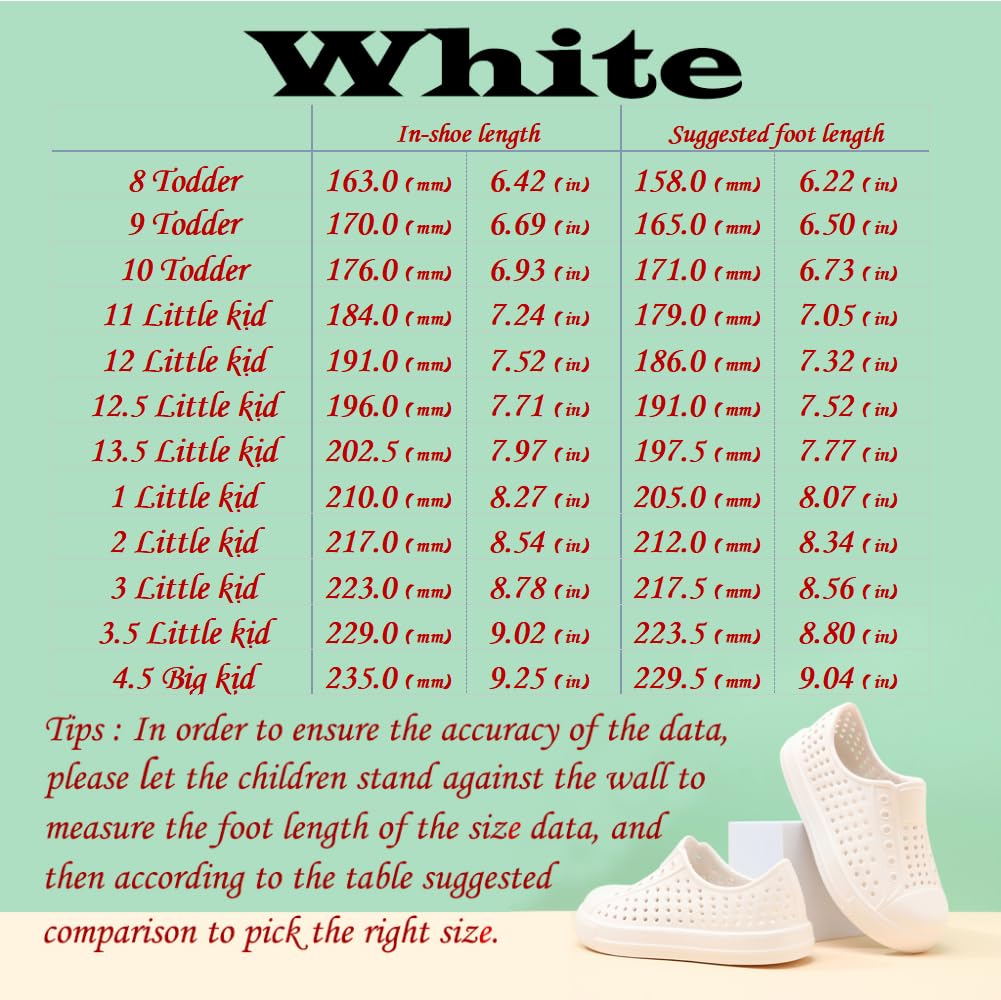 QLZ Toddler Kids Water Shoes for Boys Girls Garden Sandals Rubber Shoes Beach Sneakers, Slip-on Anti-Slip Lightweight Breathable Quick Dry Soft Flexible(Toddler/Little Kid/Big Kid) White