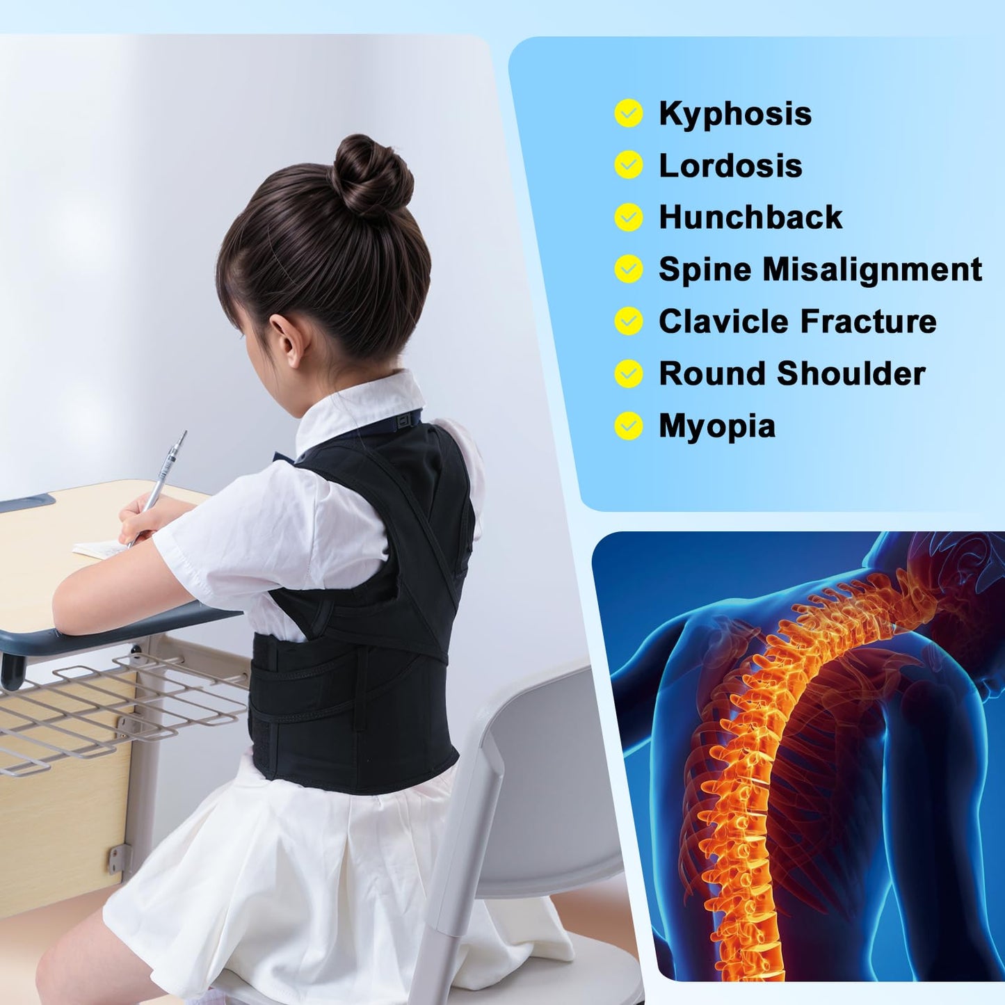 babaka Posture Corrector for Kids and Teens Adjustable Full Back Support Brace, Scoliosis, Dowagers Hump, Hunchback, Spine Corrector Boys and Girls (Large, Waist: 23''-27'')