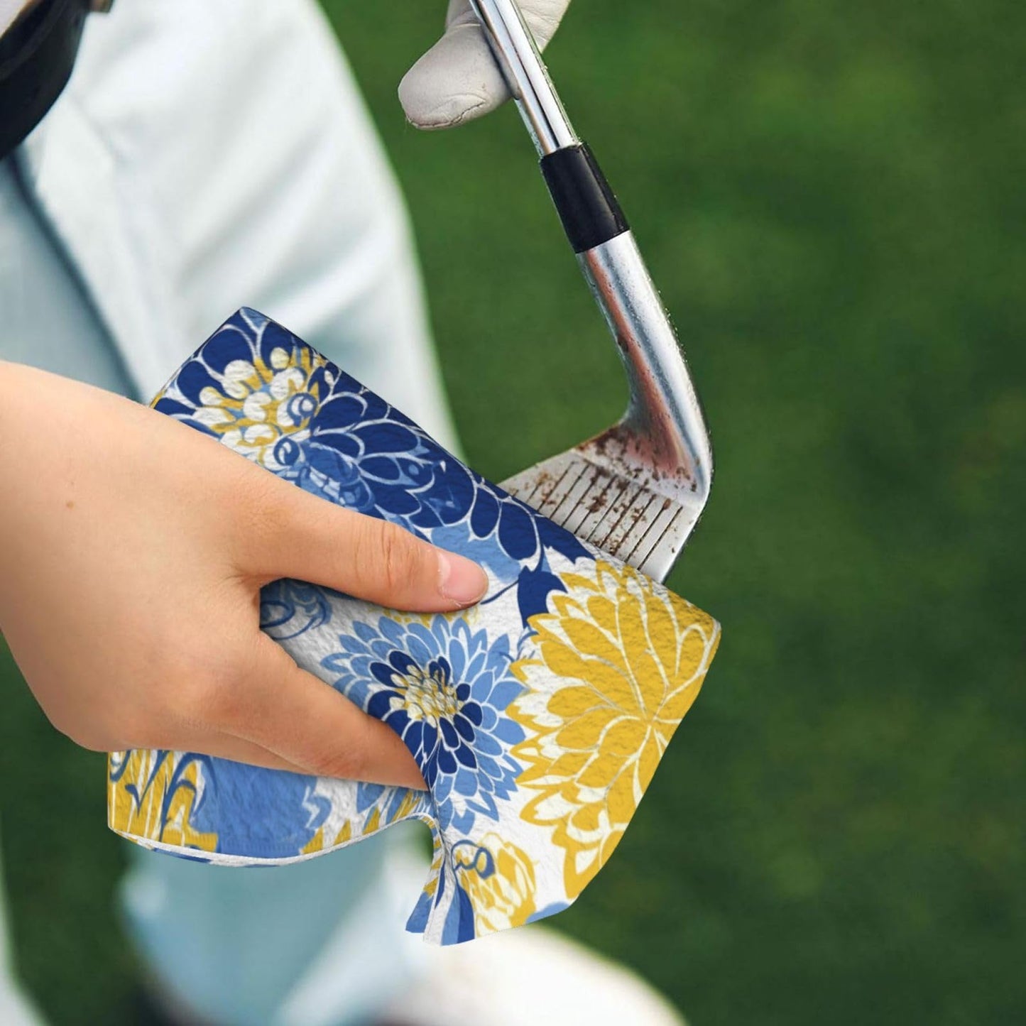 hsbolediy Golf Towels for Men Golfers 16"x24", Flower Blue Floral Yellow Custom Golf Towel Gifts Accessories for Golf Bags