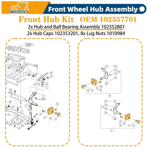 Mixopoly Golf Cart Front Wheel Hub Assembly 2 Pack for Club Car DS/Precedent/Onward/Tempo Gas and Electric 2003.5-up, Replacement Kit with Bearing/Oil Seal/Dust Cover, OEM# 102357701