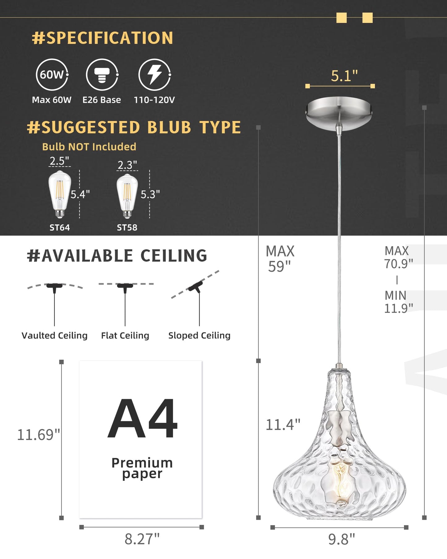 AUTELO Glass Kitchen Pendant Lights Pendant Light Fixture with Hammered Glass Hanging Light for Kitchen Island Living Room Dinning Room H9164