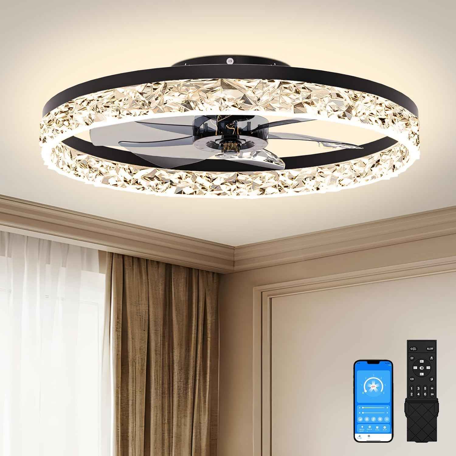 Modern Bladeless Ceiling Fan with Light & Remote - 15.7in Low Profile Fandelier, Dimmable 3000K-6500K for Bedroom