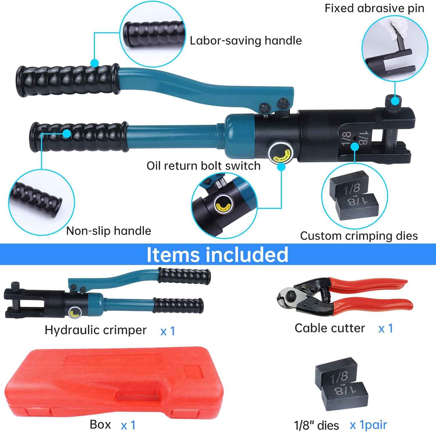 Hydraulic Crimping Tool for Stainless Steel Cable Railing - Muzata Custom Cable Swaging Kit with Wire Cutter (1/8", 5/32", 3/16")