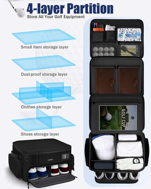 LOINTET Golf Trunk Organizer, Waterproof Car Golf Locker with Separate Ventilated Compartment for 2 Pair Shoes, Golf Storage for Balls, Tees, Cap, Clothes, Gloves, Accessories, Gifts for Men, Women
