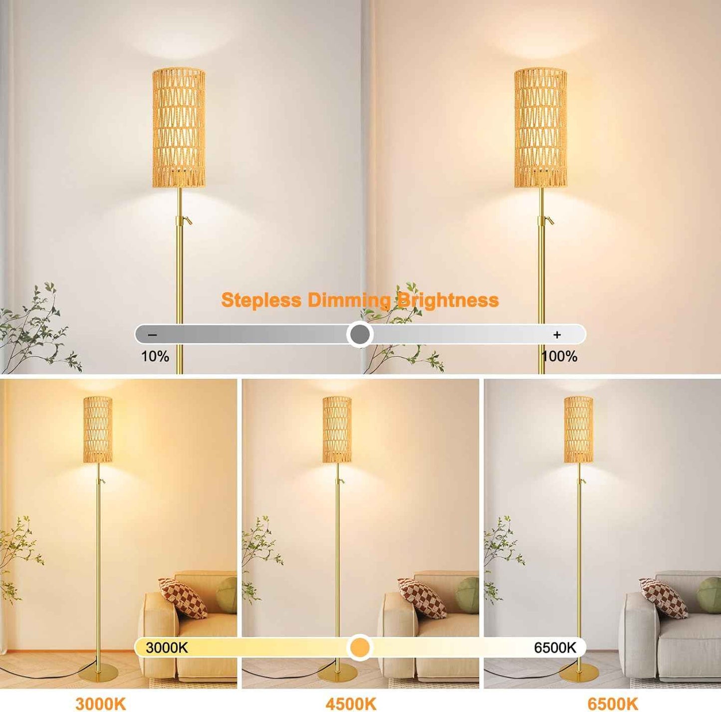 Boho Gold Floor Lamp with Remote Control | Dimmable Rattan & Wicker Design for Living Room