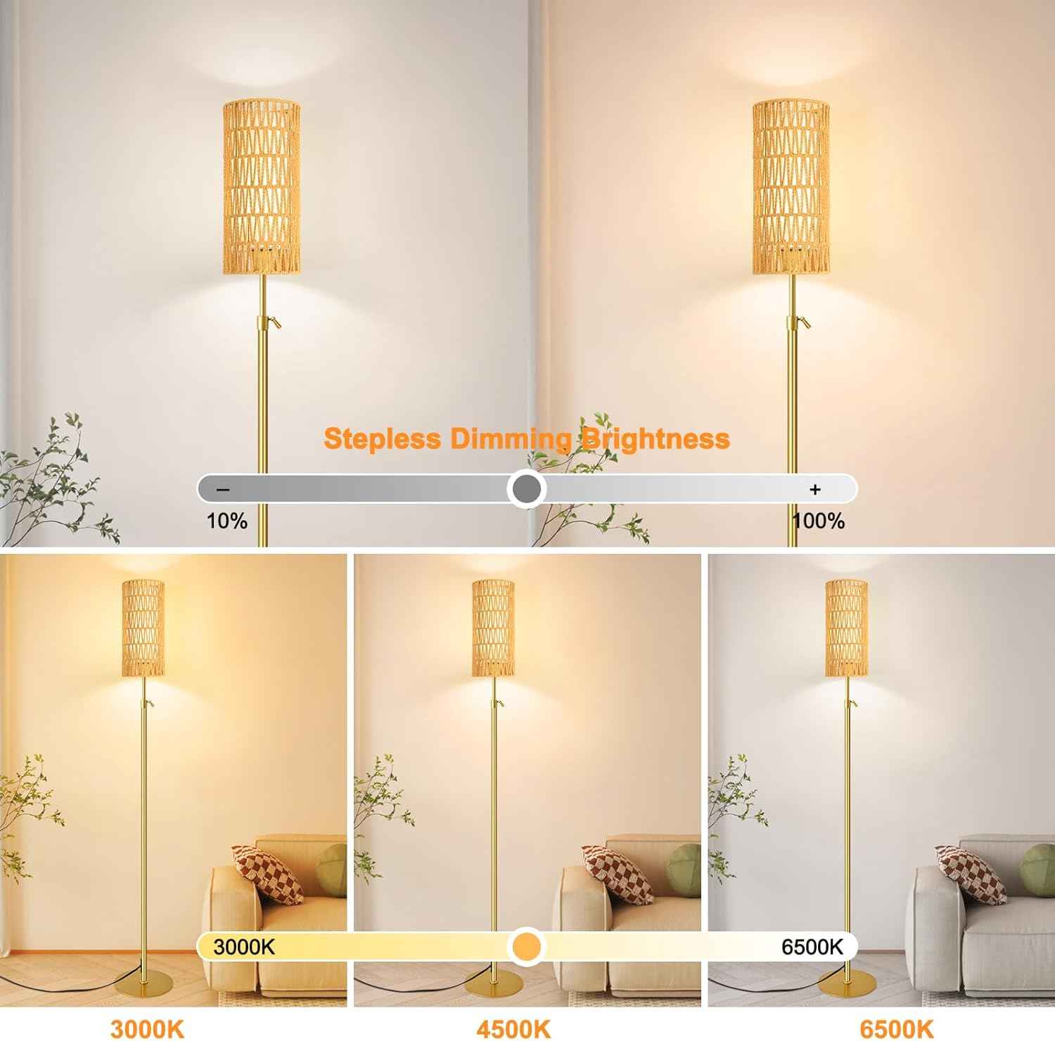 Boho Gold Floor Lamp with Remote Control | Dimmable Rattan & Wicker Design for Living Room