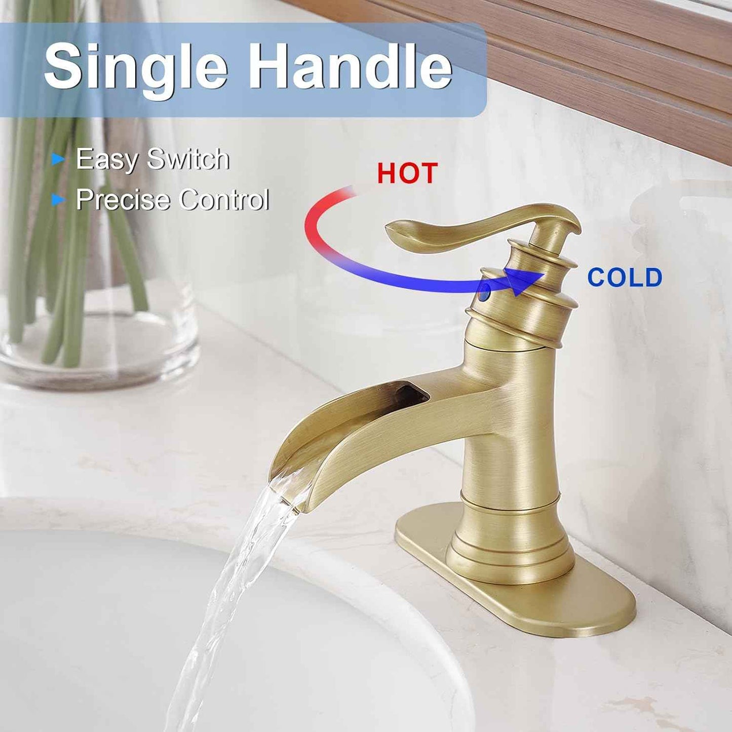 Matte Black Waterfall Bathroom Faucet - Single Handle Lavatory Sink Mixer with Brass Drain