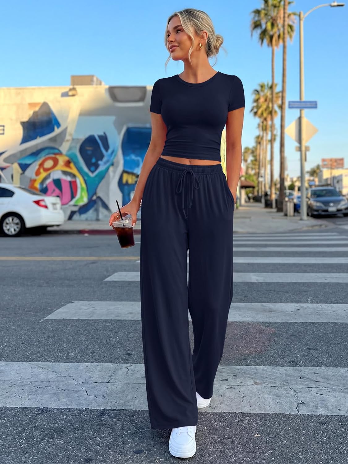 Trendy Queen 2 Piece Matching Summer Sweatsuit - Women's Side Ruching Top & Wide Leg Pants Set with Pockets