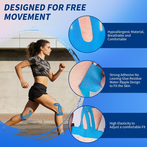20 PCS Waterproof Kinesiology Tape for Shoulders/Knees,Precut Strips for Knee Pain Relief & Stability Support, Latex-Free Hypoallergenic Sports Athletic Tape (Blue and Pink)