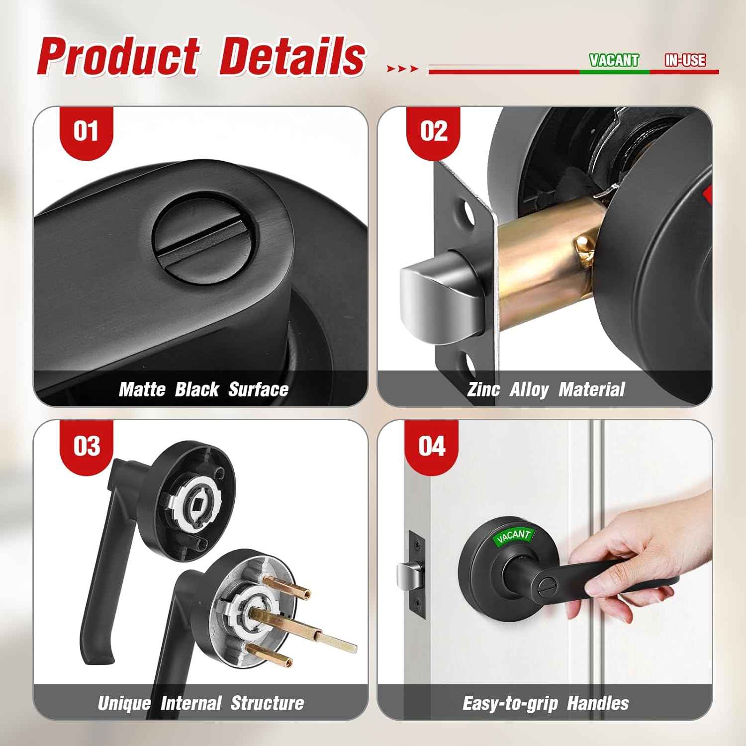 Commercial Grade Black Bathroom Privacy Door Lock - Vacant/Occupied Indicator for Restrooms