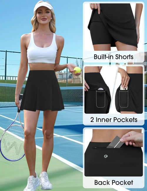 LouKeith Womens Tennis Skirt High Waisted Athletic Skorts Running Casual Pickle Ball Golf Skirts with Pockets Black M