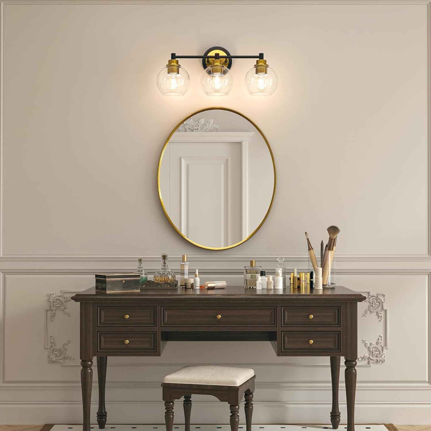 3-Light Vanity Bathroom Light Fixture with Globe Glass Shades - Brushed Nickel, ETL Certified