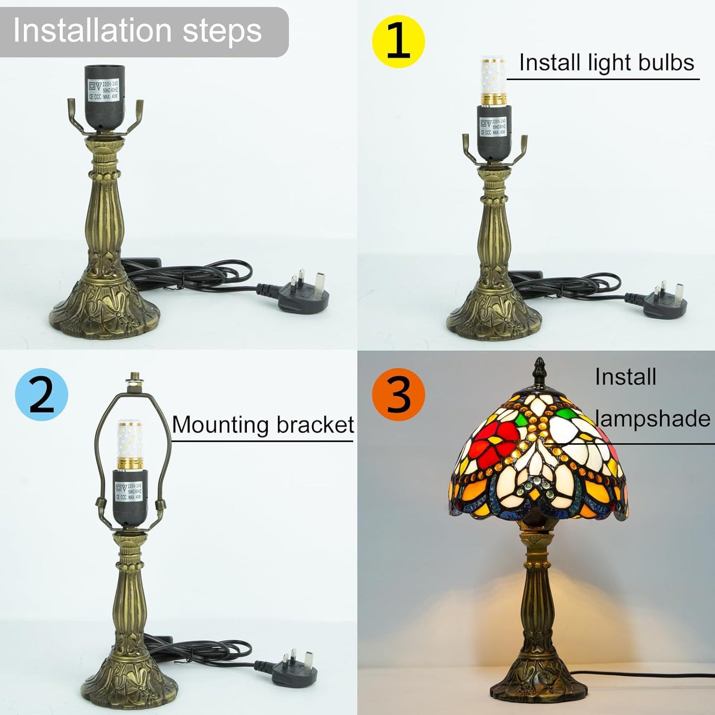 Tiffany Table Lamp - 8 Inch Antique Stained Glass, 3 Color Temperatures, Handcrafted for Bedroom & Living Room