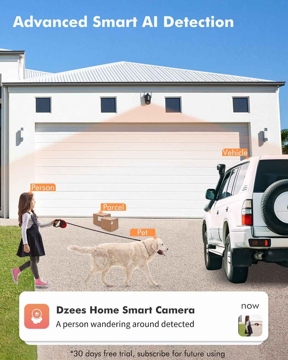 2K Wireless Outdoor Security Camera - Dzees 360° PTZ, Color Night Vision, AI Motion Detection, 2-Way Talk, IP66