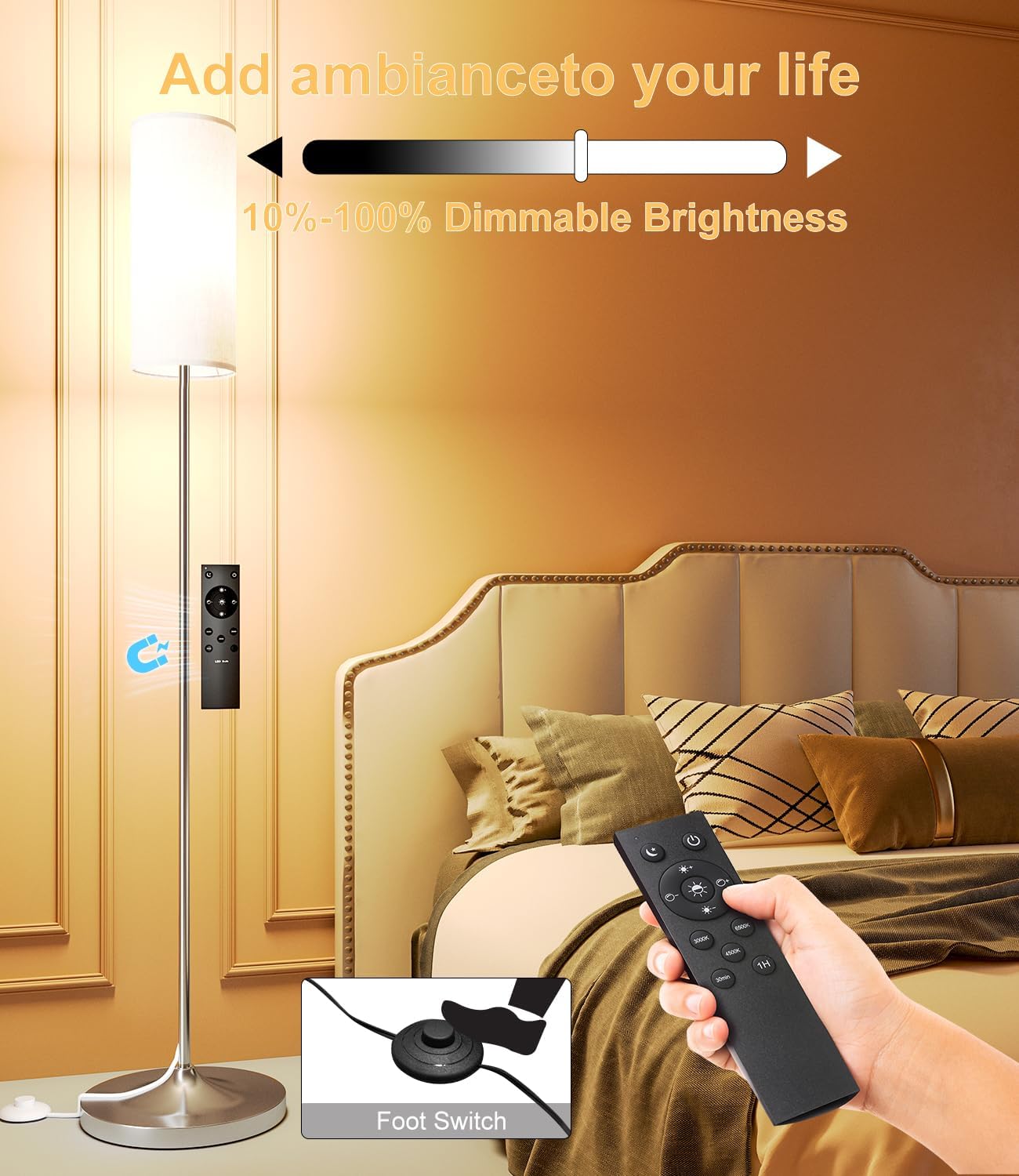 LED Floor Lamp with Remote & Dimmable Feature - Modern Gold Standing Lamp for Living Room & Bedroom