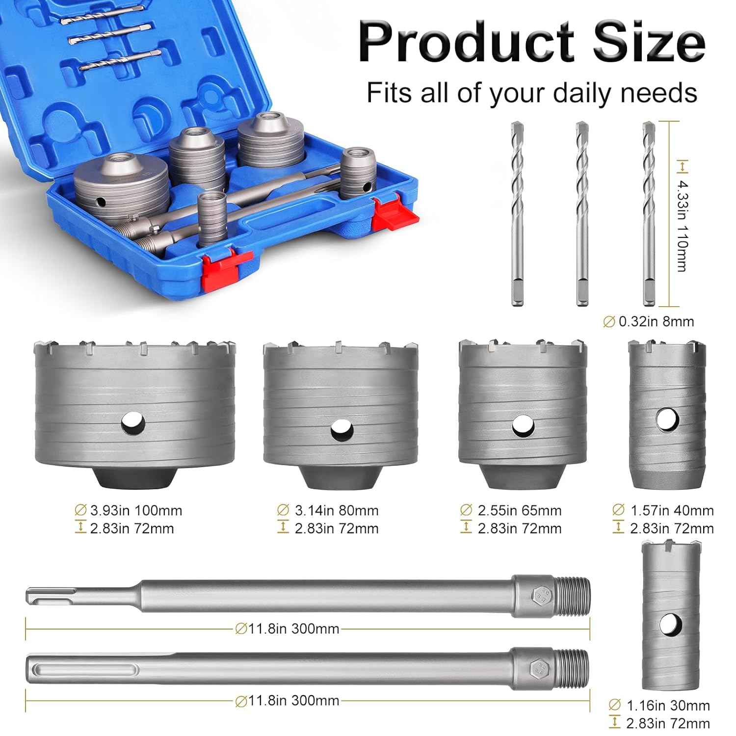 10-Piece Worker Bee Concrete Hole Saw Kit - SDS Plus & Max Shank for Masonry, Brick & Cement