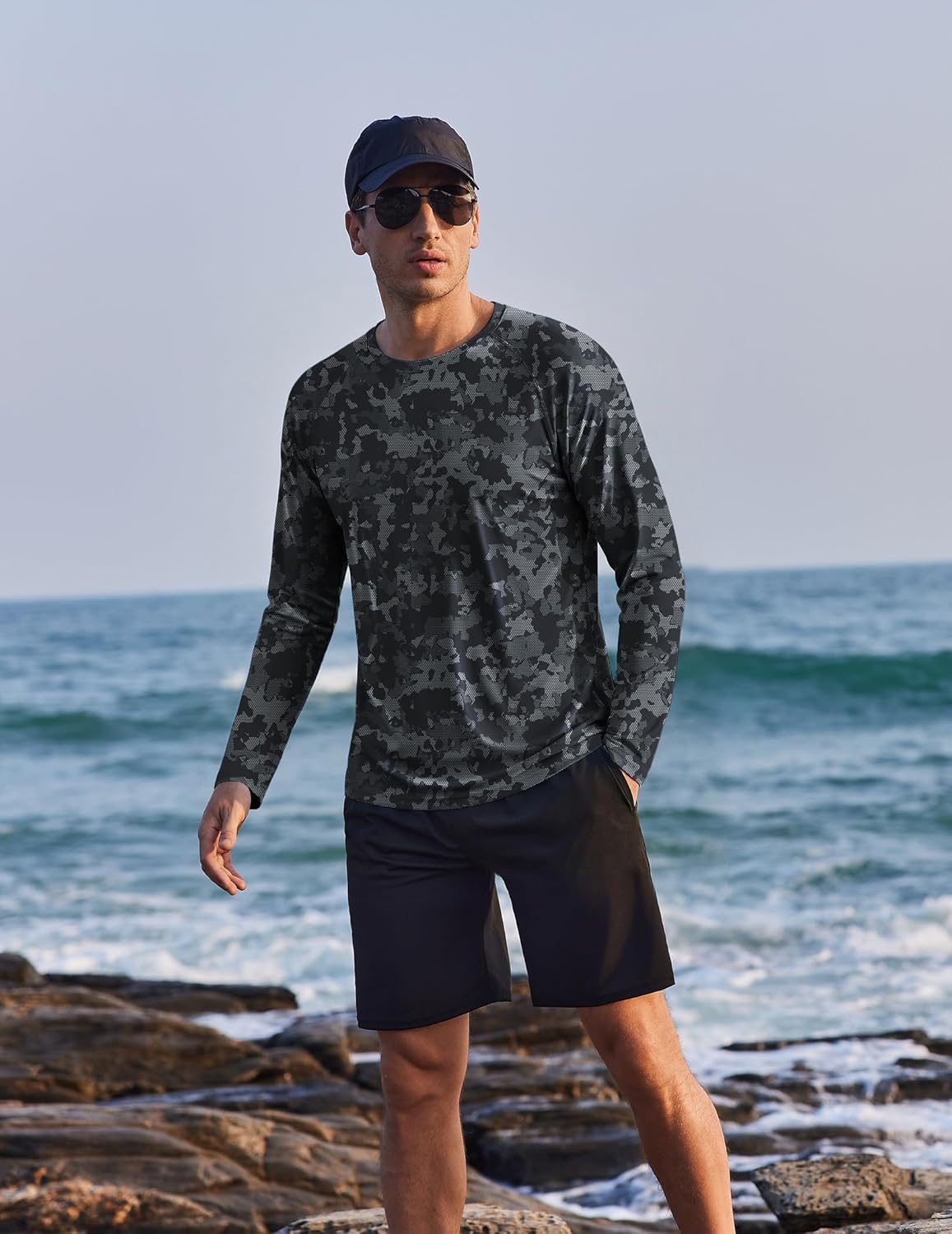 PINSPARK Men's UV Protection Long Sleeve Fishing Shirt - Quick Dry Camo Rash Guard for Active Wear