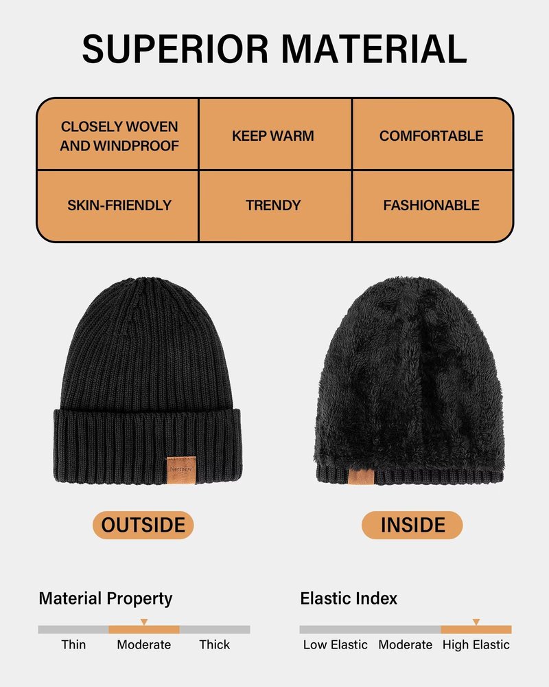 Nertpow Mens Beanie Hats 3 Pack, Winter Hats for Men Women Warm Thermal Fleece Lined, Thick Knit Fashion Skull Cap Cuffed Beanie for Guys (Color-07)