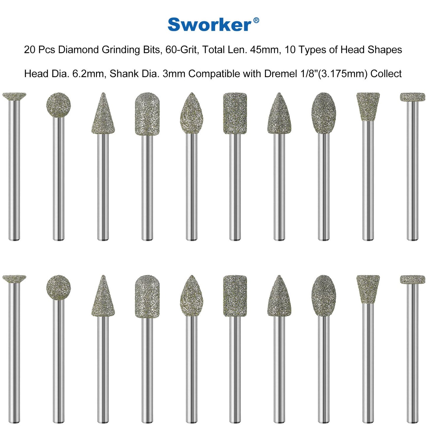 20Pcs 60-Grit Diamond Grinder Bit 1/8" Shank Compatible with Dremel Rotary Tool Attachment Accessories Grinding Burrs for Stone Glass Resin Porcelain Ceramic Quartz Glaze Steel Carve Engrave Polish