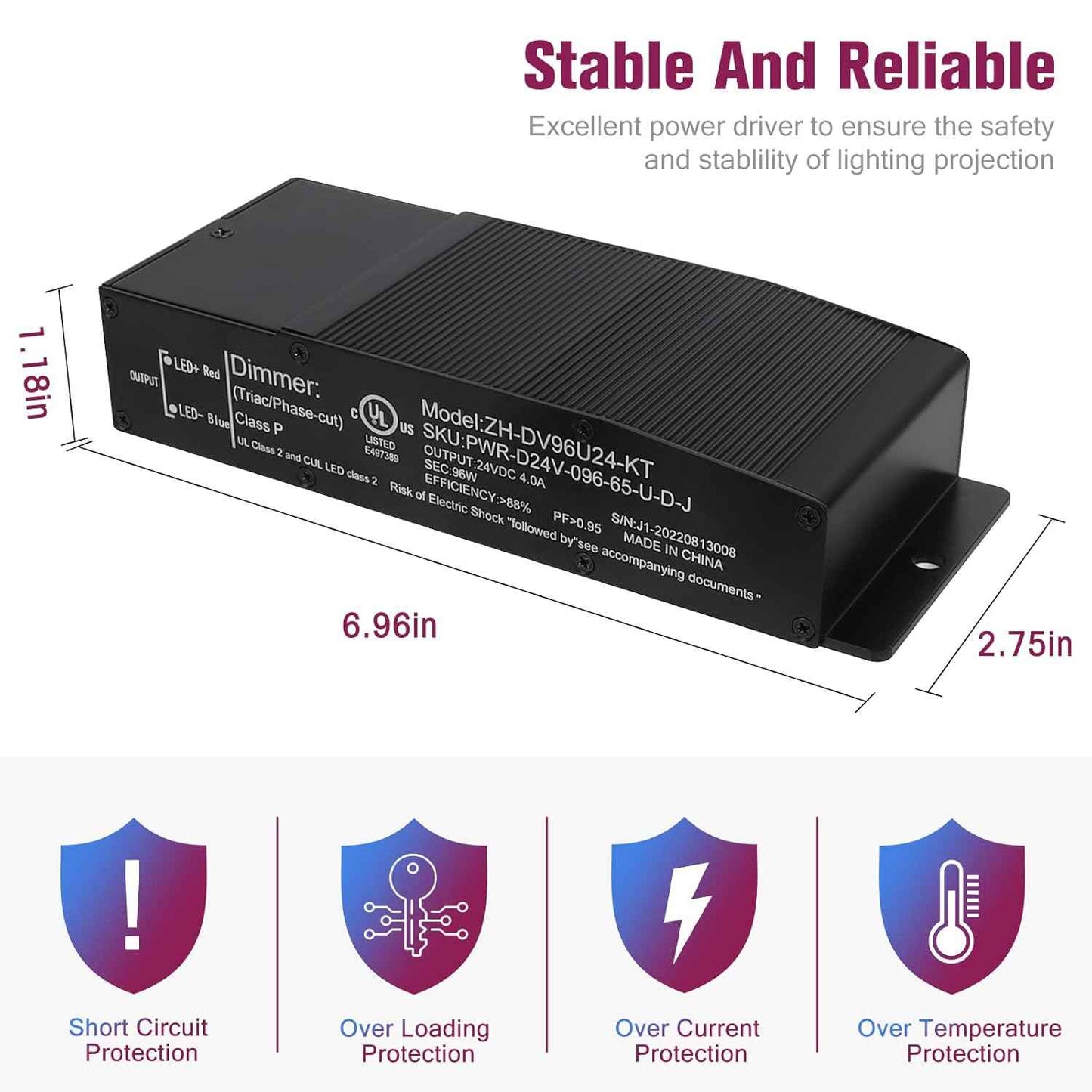 60W Dimmable LED Driver - Triac Power Supply for LED Lights, Waterproof IP67, UL Listed