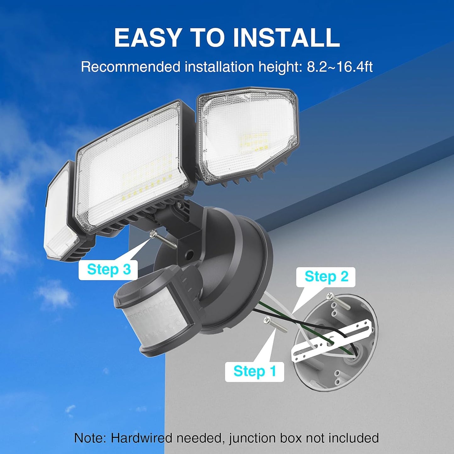 85W LED Motion Sensor Security Light - 8500LM Dusk to Dawn, 3-Head Waterproof Floodlight for Garage, Yard & Porch